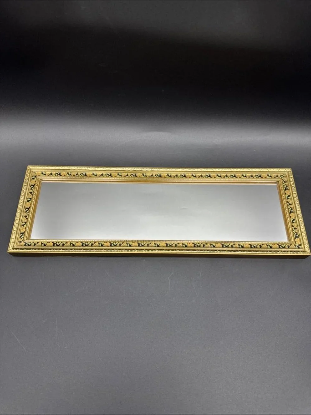 Vintage Floral Ornate Gold Narrow Rectangle Wall Gallery Mirror 15.25x5.25”